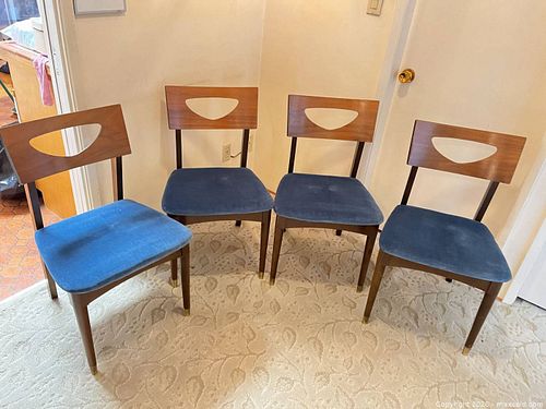 A set of 4 wooden chairs with soft blue velvety like fabric.  (1 of 7)