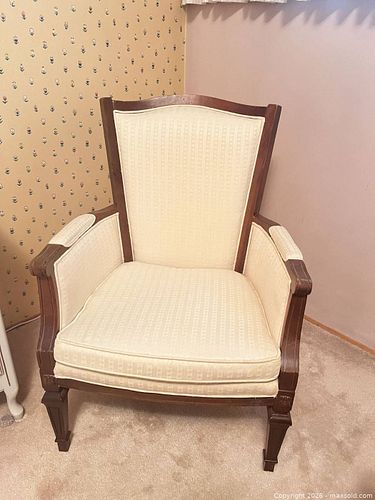 Traditional Wood-Frame High-Backed Beige/Cream Armchair (1 of 8)