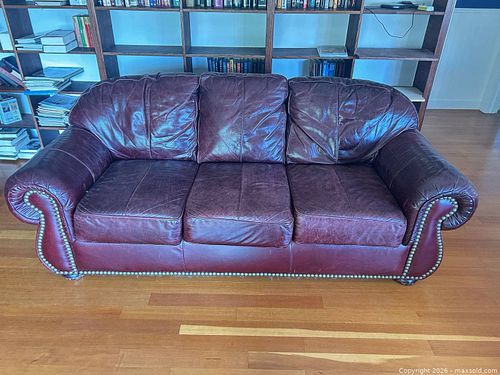 Burgundy Genuine Leather 3-Seater Sofa with Rolled Arms (1 of 11)