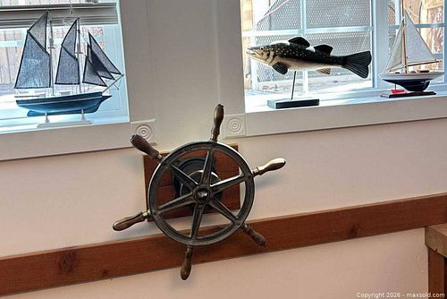 Nautical Decor Set: Mounted Ship Wheel and Fabric Sail Boats (1 of 5)