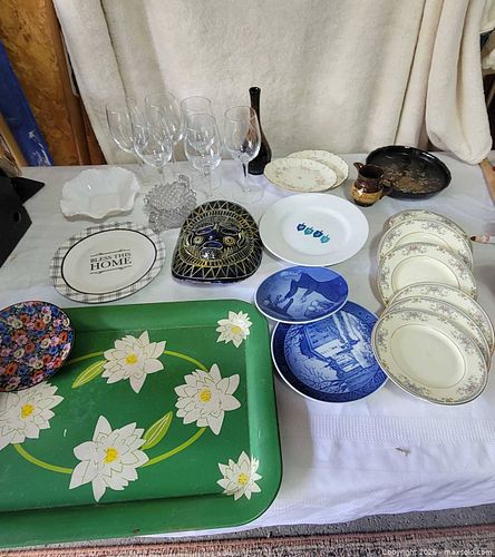 Collection of Stuff. Royal Doulton Plates, wine glasses, collector plates, metal tray etc (1 of 13)
