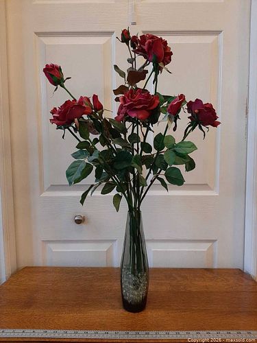 Red artificial roses in a smoked glass cylinder vase (1 of 6)