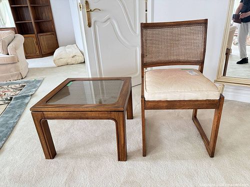 Mid-Century Style Oak & Rattan Chair with Glass Top End Table Set C (1 of 13)