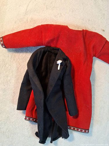 Red Dress & Black Coat Doll Outfit with White Flower Pin. (1 of 8)