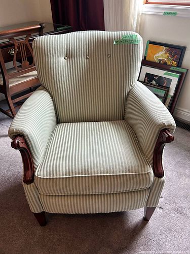 Traditional Green/Cream Striped Armchair with Carved Wood Arms (1 of 8)