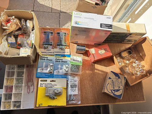 Mixed Hardware Lot: Hinges, Screws, Hasp, LED Disk Light, Thermostat (1 of 5)