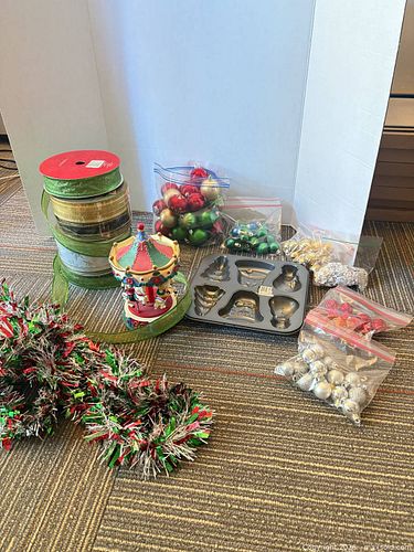 Holiday Decorations Lot: Ribbons, Ornaments, Tinsel, Pan & Music Figurine (1 of 9)