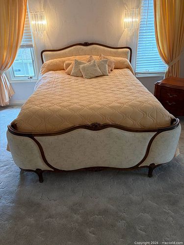 French Provincial Queen Bed Frame, Upholstered Cream & Brown (1 of 10)