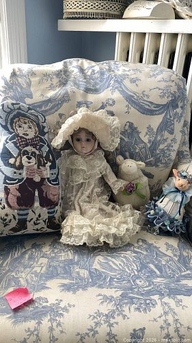 Mixed Vintage-Style Porcelain Doll, Needlepoint Pillow & Plush Toys (1 of 5)