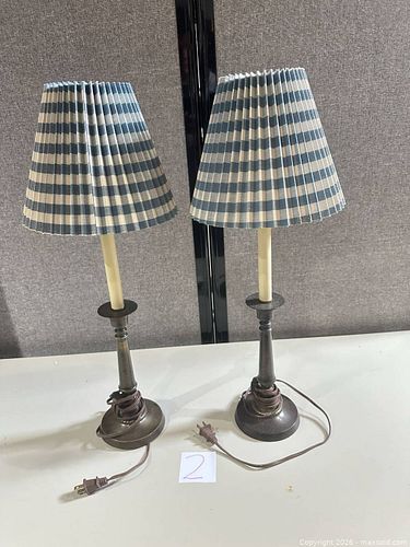 Pair of Blue & Cream Striped/Checkered Table Lamps (1 of 5)