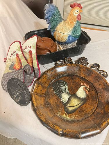 Rooster & Rustic Kitchen Decor Lot — Plates, Cookie Jar, Roasting Pan (1 of 5)