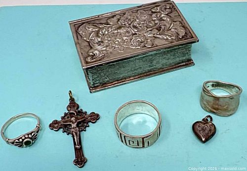 Lot: Sterling Cross Pendant, Assorted Rings, Heart Charm & Trinket Box (1 of 18)