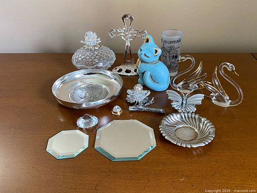 Vintage Estate Collectibles Lot - Glass Swans, Silver-Tone Vanity Items, Blue Cat & Decor (1 of 7)