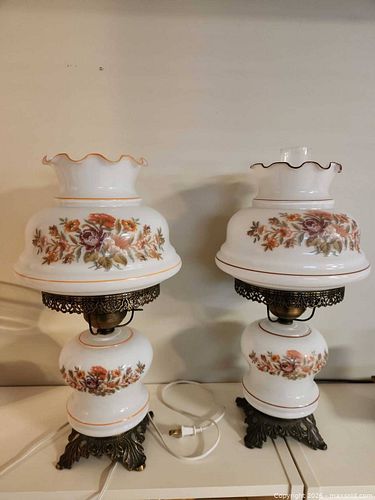 Pair of Milk Glass Hurricane Table Lamps with Orange Floral Shades (1 of 4)