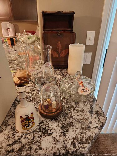 Mixed Home Decor Lot: Bell, Wooden Chest, Glass & Misc Smalls (1 of 5)