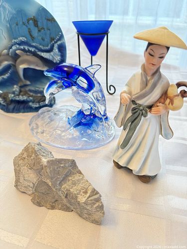Decorative Lot: Blue Glass Dolphins, Wooden Giraffes, Asian Figurine (1 of 8)