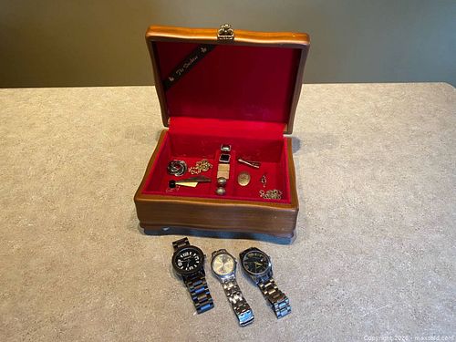 Vintage "The Duchess" Hardwood Jewelry Box & Men’s Wristwatch Trio Lot (1 of 18)