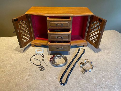 Vintage Wooden Credenza-Style Jewelry Cabinet & Estate Jewelry Lot (1 of 18)