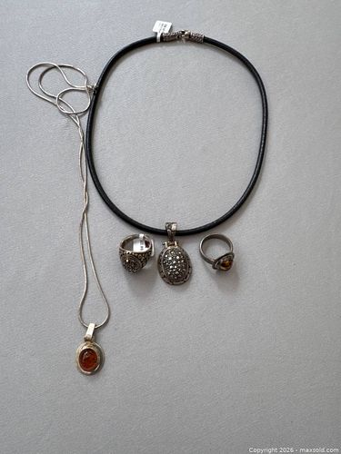 Sterling Silver 925 Jewelry Set: Necklaces and Rings with Amber and Marcasite (1 of 16)