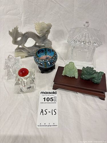 Asian Decorative Lot: Jade Dragon x2, Jade Budda, Cloisonné Bowl, Pagoda, Snuff Bottle (1 of 13)