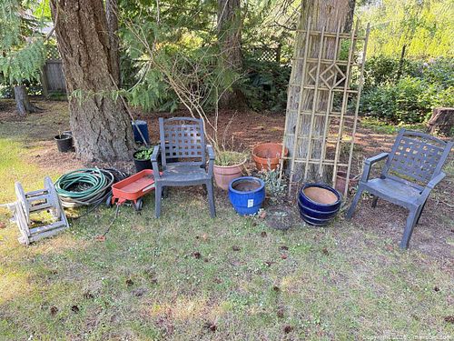 Outdoor Garden Lot: Plastic Chairs, Ceramic Planters, Wagon & Hose (1 of 11)
