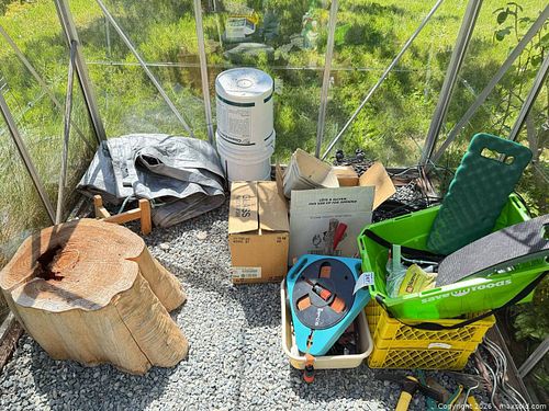 Outdoor Lot: Wood Stump, Tarp, Garden Tools & Plant Stand (1 of 14)