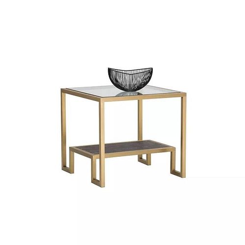 Pair of Carver Brushed Gold Glass and Wood End Tables 3972 3973 (1 of 3)