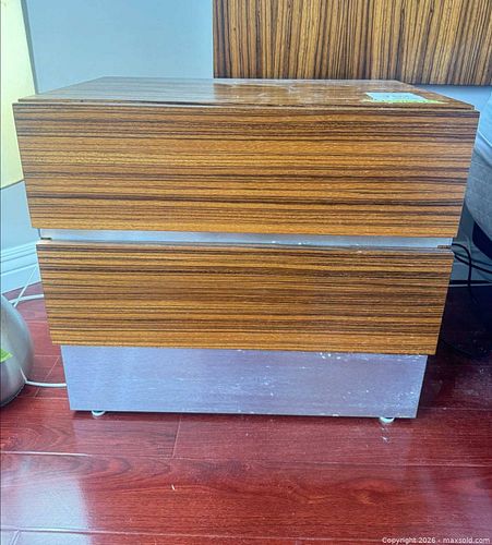 two-drawer bed side table, Zebrawood veneer with a metal base (1 of 9)