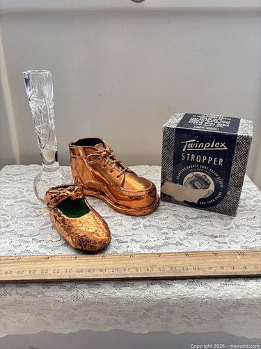 Vintage Twinplex Stropper, Copper-Tone Baby Shoes & Cut Glass Bud Vase (1 of 7)