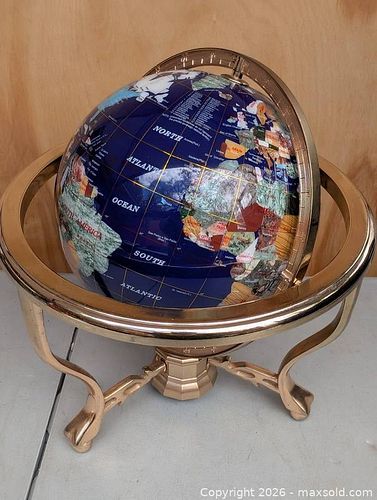Gemstone Globe Brass Stand Spins Lapis Lazuli & Other Semi-precious Stones 12” (1 of 19)