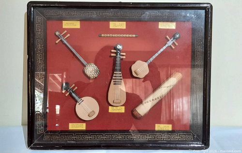 Vintage miniature Chinese instruments in framed shadow box  (1 of 14)