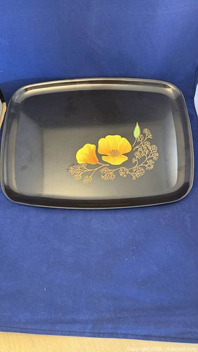 Couroc Poppy Floral Lacquered Serving Tray, Black/Yellow/Green (1 of 6)