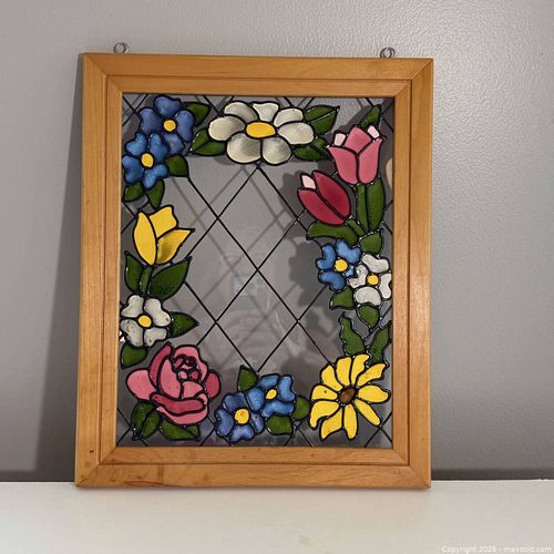 Faux Stained “Glass” (plastic) Floral Panel with Light Wood Frame (1 of 3)