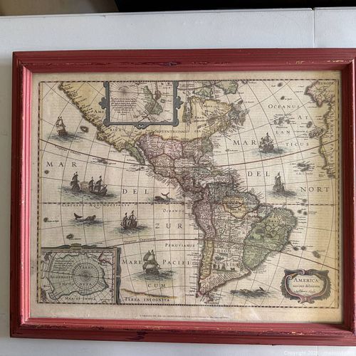 Framed Red Wood Map Print — America noviter delineata (Hondius 1631) (1 of 3)