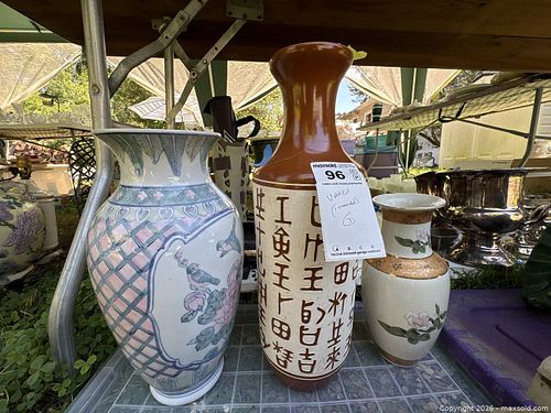 Porcelain Floral Vase Trio with Gilt & Chinese Characters (1 of 7)