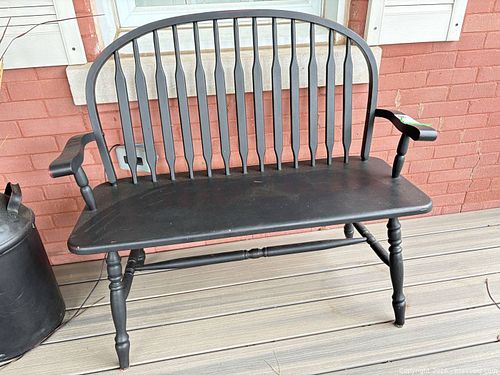 Wood Windsor 2-Seater Bench with Armrests, Black & Distressed Red  B (1 of 8)