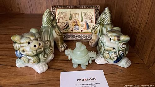 Asian Decorative Lot: Ceramic Foo Dogs, Green Stone Censer, Inlaid Box (1 of 6)
