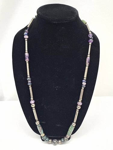 Early Indigenous American Turquoise and Sterling Bench Bead Necklace 32" (1 of 5)