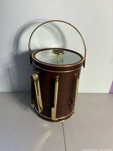 Vintage Preferred Stock Barware Ice Bucket w/ Tools Brown Faux Leather 10.5”x8” (1 of 20)