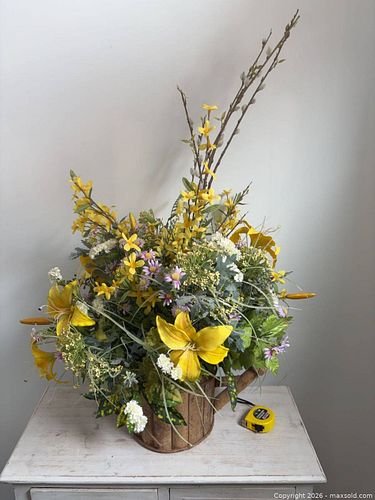 Yellow Artificial Flower Arrangement in Wooden Watering-Can Planter (1 of 19)