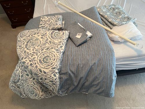 Bedding, Curtains with Rod, and Fabric in Blue and White Patterns (1 of 6)