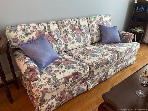 Floral Upholstered Sofa with Rolled Arms and Throw Pillows (1 of 5)