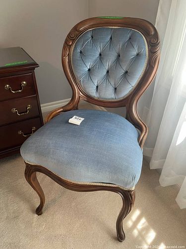 Tufted Blue Upholstered Chair with Carved Wooden Frame (1 of 9)