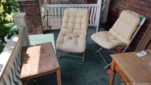 Wooden Side Table & Pair of Metal Lounge Chairs with Cushions A (1 of 10)