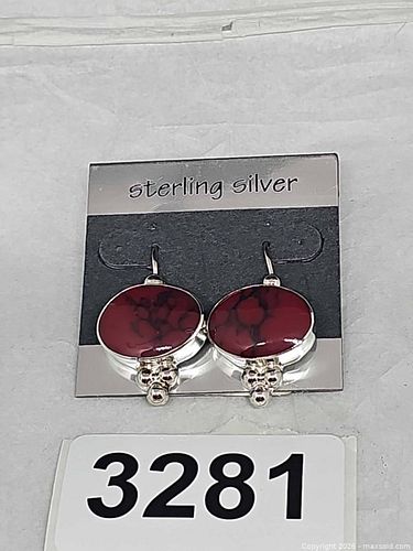 Sterling Silver Dangle Earrings with Red Marbled Stone (1 of 5)