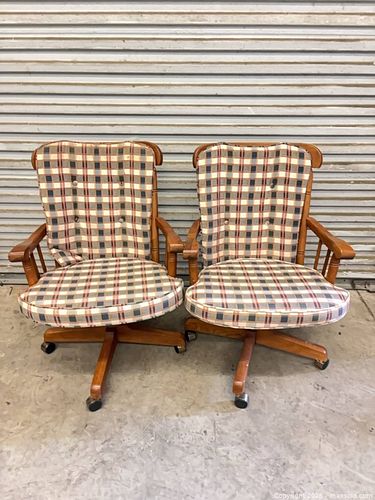 Pair of Mid-Century Wood Office Chairs with Multi-Color Plaid (1 of 5)