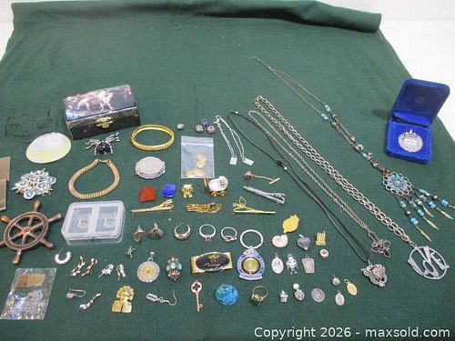 Jewelry Lot. Tie Clips, Rings, Goth Necklaces, Indigenous Type Necklace, Pendants, Silver Dollar USA Money Clip, 100 Franc Casino & More. (1 of 17)