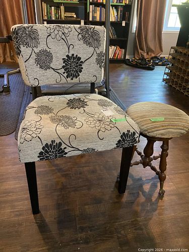 Floral Upholstered Chair with Wood Frame and Vintage Wood Piano Stool (1 of 9)