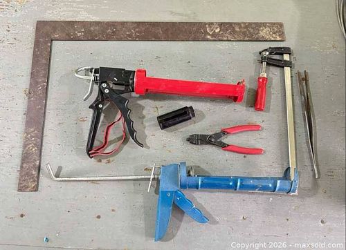 Assorted Hand Tools Lot: Caulking Tools, Clamp, Pliers, Tweezers, Square (1 of 7)