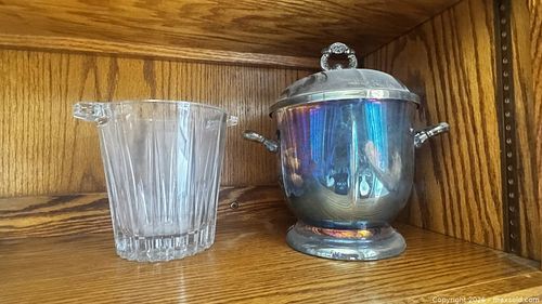 Silver-Plated Metal & Glass Ice Bucket with Lid and Tongs (1 of 5)
